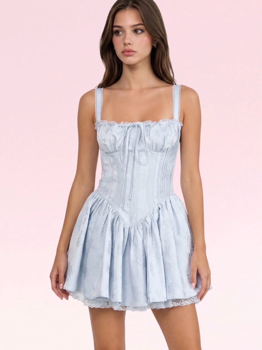 Light Blue Lace-Up Mini Dress with Corset Bodice